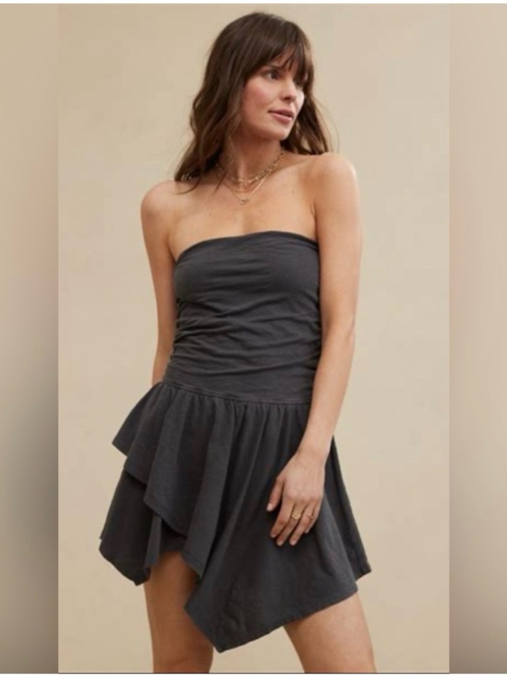 Aerie Strapless Dark Charcoal Asymmetrical Hem Mini Dress